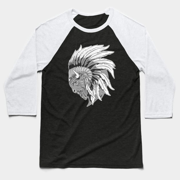 Buffalo head with indian headdress Baseball T-Shirt by TMBTM